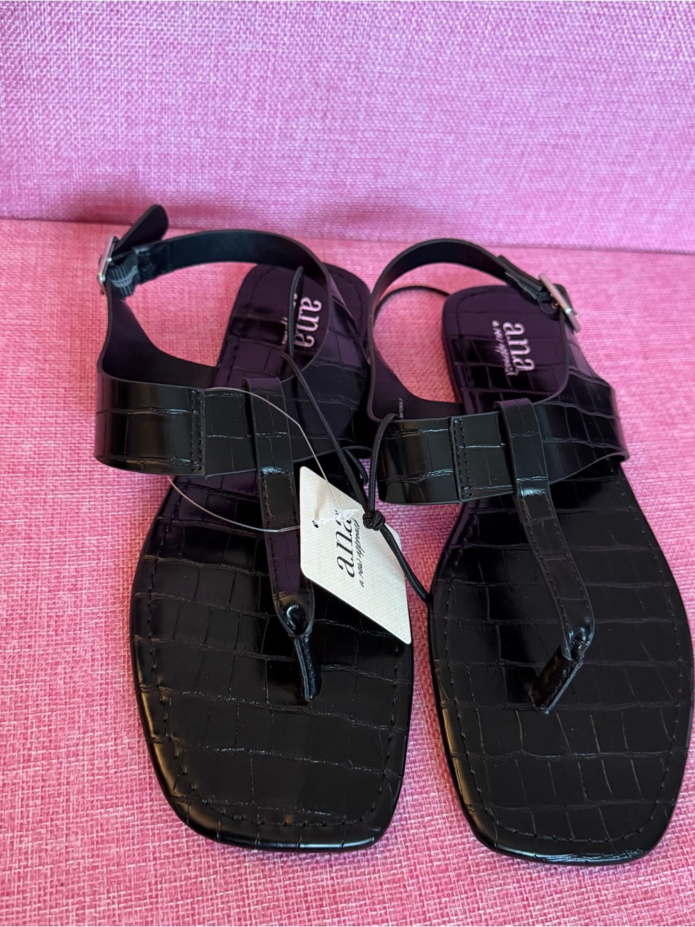 a.n.a Black Croc-Embossed Ankle-Strap Thong Sandals